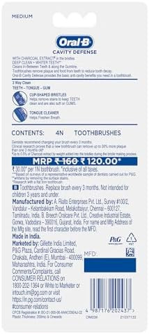 Oral-B Cavity Defense 123 Black Toothbrush Medium ( ) Pack Of 4