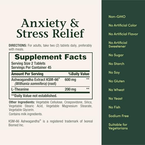 Nature's Bounty Stress Relief Ashwagandha Ksm-66 Supports Occasional Stress Relief Dietary Supplement Per Day Vegetarian Tablets Gluten 2 Tablets 90 Ct