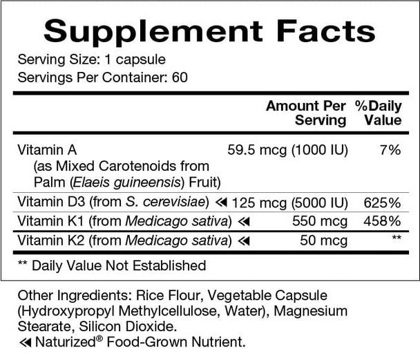 Natura Health Products D-A-K (Adk) D3 5000 Iu K2 50 Mcg K1 550 Mcg & Vitamin A 1000 Iu Bone Heart & Immune Support Fat-Soluble Calcium Metabolism 60 Vegetarian Capsules