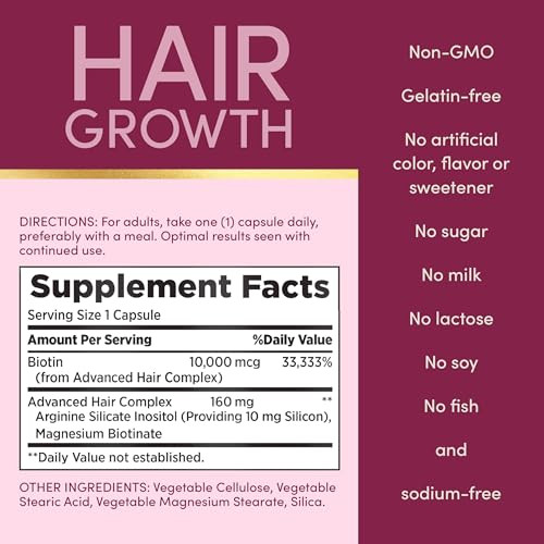Nature's Bounty Optimal Solutions Hair Growth Supplement With Biotin Hair Growth Vitamins With Biotin Silicon & Arginine 1 Per Day One Month Supply 30 Capsules