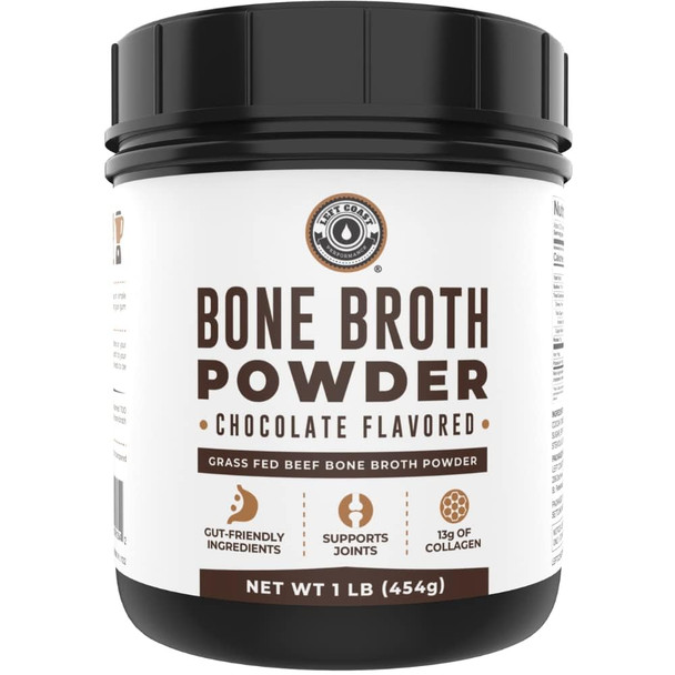 Left Coast Performance Chocolate Bone Broth Protein Powder - 100% Grass Fed Beef Bone Broth with 16g Protein & 13g Collagen per Serving - Great for Shakes & Hot Chocolate - Keto Friendly Low Carb & Non-GMO (1lb Tub)