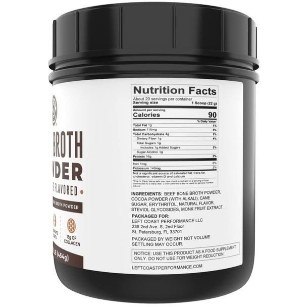 Left Coast Performance Chocolate Bone Broth Protein Powder - 100% Grass Fed Beef Bone Broth with 16g Protein & 13g Collagen per Serving - Great for Shakes & Hot Chocolate - Keto Friendly Low Carb & Non-GMO (1lb Tub)