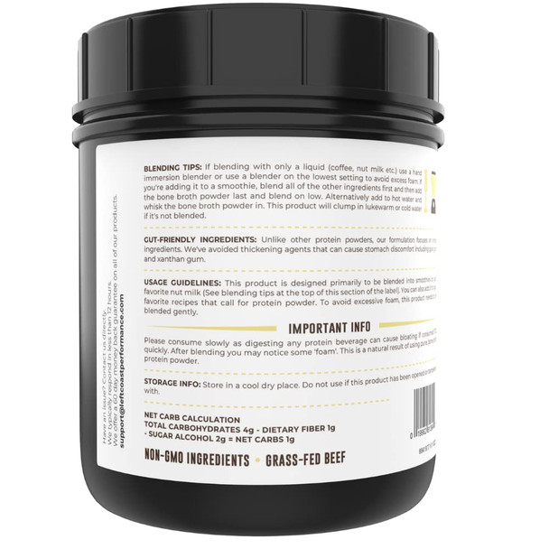 Left Coast Performance Vanilla Bone Broth Protein Powder From Grass Fed Beef - Non-GMO Ingredients Gut-Friendly Low Carb Dairy Free Protein Powder - Natural Collagen Source For Joint Support - Keto Friendly 16oz
