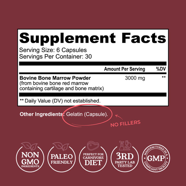 Left Coast Performance Bovine Bone Marrow Supplement - 100% Grass Fed and Pasture Raised in New Zealand- Freeze Dried 3rd Party Lab Tested Non GMO No Fillers – Supports Collagen Joint Bone & Immune Health- 180 Capsules