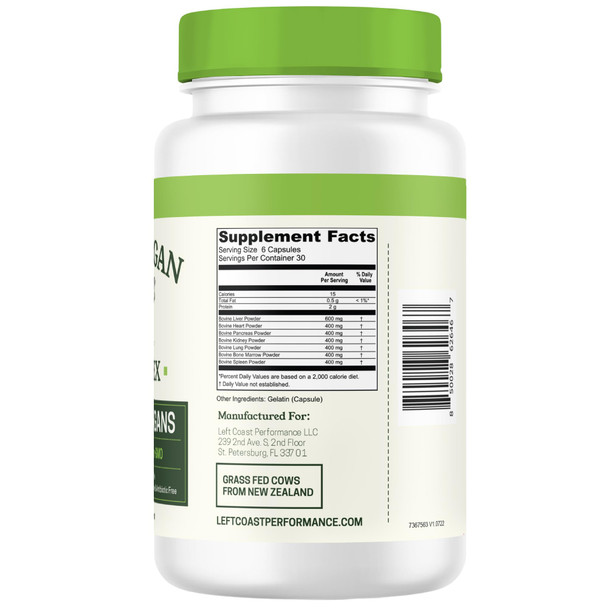 Left Coast Performance Beef Organ Supplement Grass Fed - 7 Beef Organs Complex from New Zealand - Liver Heart Pancreas Kidney Lung Spleen Bone Marrow - Non-GMO No Fillers Hormone & Antibiotic Free - Carnivore Diet - 180ct
