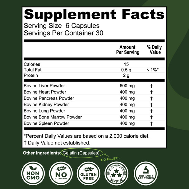 Left Coast Performance Beef Organ Supplement Grass Fed - 7 Beef Organs Complex from New Zealand - Liver Heart Pancreas Kidney Lung Spleen Bone Marrow - Non-GMO No Fillers Hormone & Antibiotic Free - Carnivore Diet - 180ct