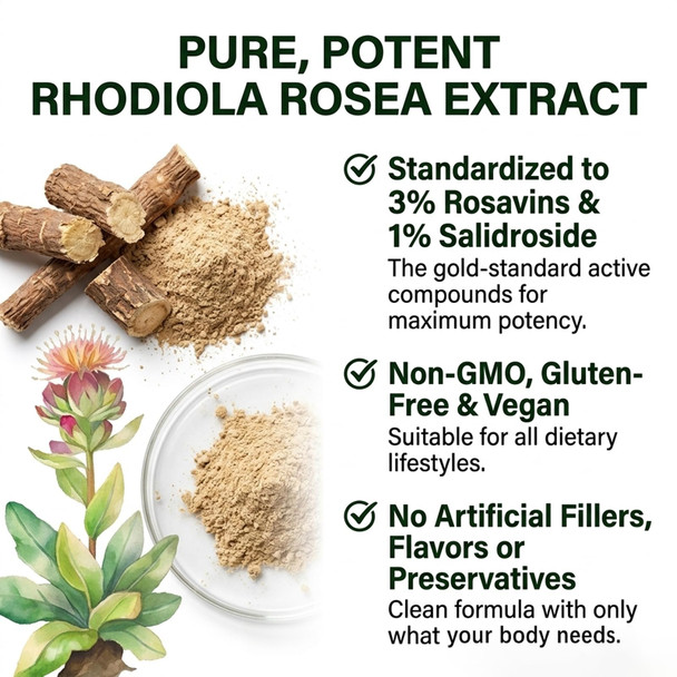 Rhodiola Rosea Rhodiola Rosea Supplement Gluten Free Non-GMO  Vegan-60 Capsules