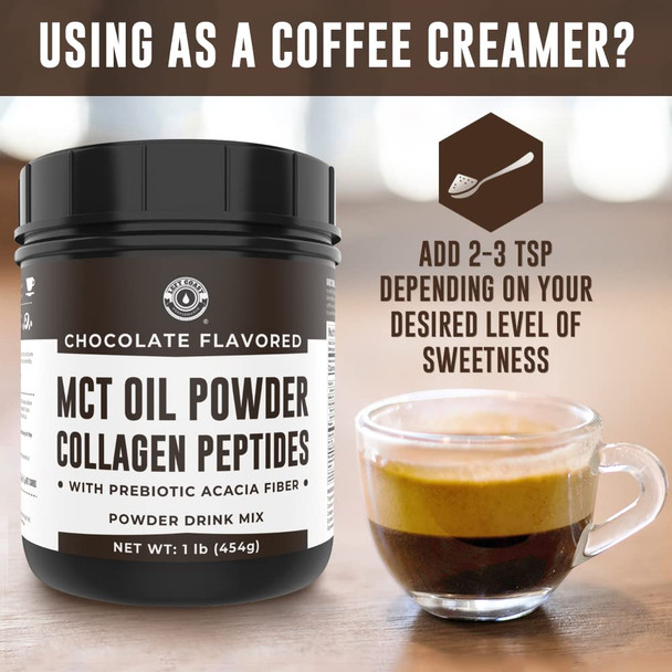 Left Coast Performance MCT Oil Powder with Acacia Fiber & Collagen Peptides – Prebiotic Collagen Protein 9g MCTs from Coconuts Sugar Free Keto Coffee Creamer – Grass Fed Chocolate Non-GMO Gluten Free 16 oz