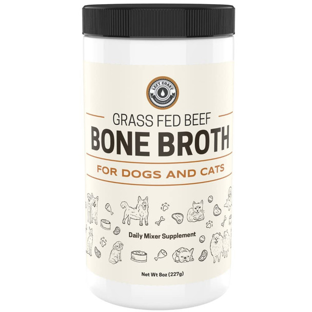 Left Coast Performance Beef Bone Broth Powder for Dogs and Cats - Human Grade Grass-Fed for Picky Eaters - Supports Joints and Gut Health - Single Ingredient Dog Food Topper for Dry Food 8oz