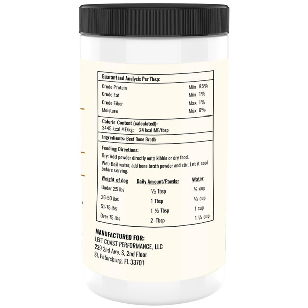 Left Coast Performance Beef Bone Broth Powder for Dogs and Cats - Human Grade Grass-Fed for Picky Eaters - Supports Joints and Gut Health - Single Ingredient Dog Food Topper for Dry Food 8oz