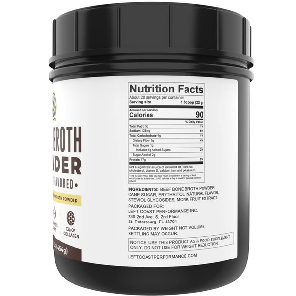 Left Coast Performance Vanilla Bone Broth Protein Powder 16oz + Chocolate Bone Broth Protein Powder 16oz
