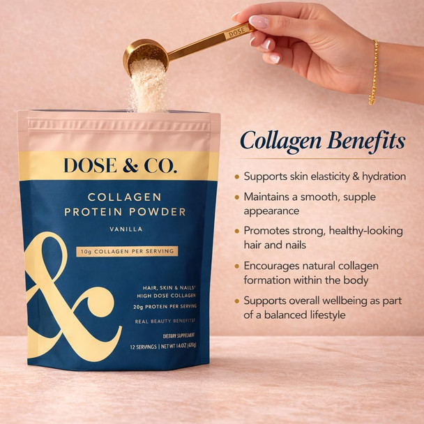 DOSE & CO. Collagen Protein Powder, Vanilla, 14.8 Oz | Hydrolyzed Type I & III Bovine Collagen with 20g Protein per Serving - Supports Muscle Recovery, Hair, Skin & Nails | Non-GMO & Gluten Free