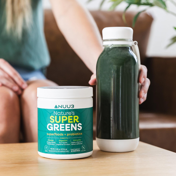 NUU3 Super Greens Superfoods + Probiotics - Immune Support Improved Energy & Gut Health Digestive Enzymes - Boosts Immunity - 30 Servings (Unflavored)
