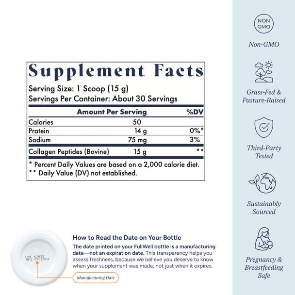 FullWell Unflavored Collagen Peptides Powder - Grass-Fed Bovine Collagen for Skin Health - Tissue Elasticity Support - Pregnancy & Breastfeeding-Safe - Reproductive Health Aid - 15.87 oz (30 Servings)