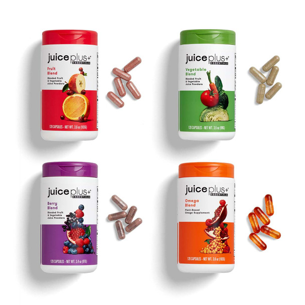 Juice Plus+ Fruit Vegetable Berry & Omega Blend Capsules - Nutrition from 30 Fruits Vegetables & Berries + Plant-Based Omega Fatty Acids - 4 Bottles (60 Servings Each)