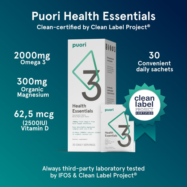 Puori P3 Health Essentials with Magnesium Zinc Complex Omega 3 Fish Oil & Vitamin D3 Supplements - Men & Womens Daily Multi-Vitamins for Immune System Support & Overall Health - 30 Servings