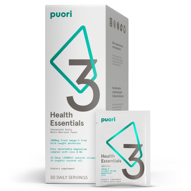 Puori P3 Health Essentials with Magnesium Zinc Complex Omega 3 Fish Oil & Vitamin D3 Supplements - Men & Womens Daily Multi-Vitamins for Immune System Support & Overall Health - 30 Servings