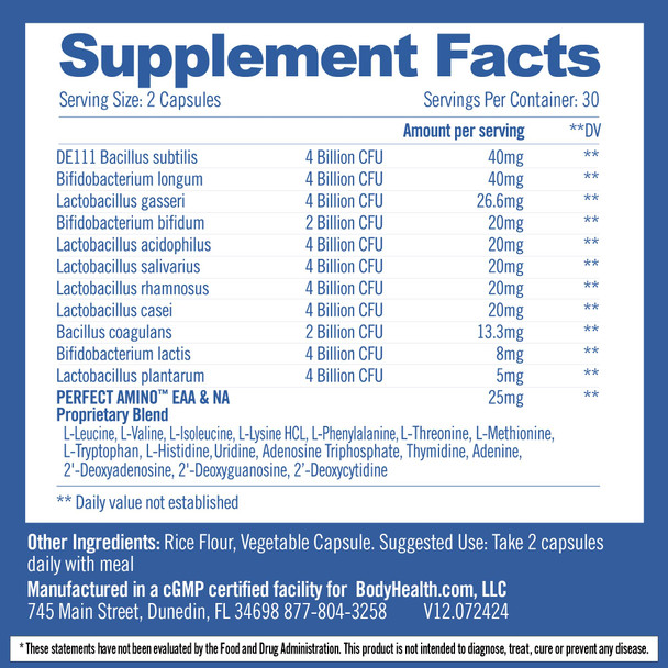 BodyHealth Probiotic Enhanced with PerfectAmino for Women and Men Spore Based with Bifidobacterium Lactobacillus Salivarius Lactobacillus Acidophilus  60 Capsules