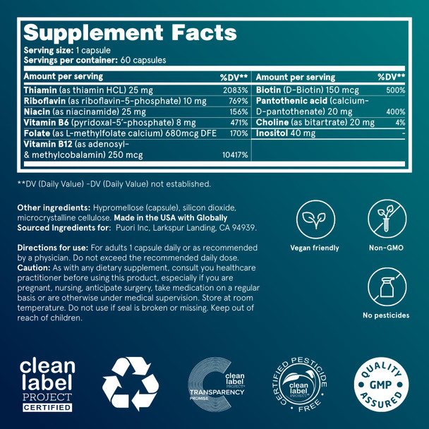 Puori Pure Energy Vitamin B-Complex with 8 Essential Vitamins - Active & Methylated B Vitamins (Thiamin Riboflavin Niacin B6, Folate & B12) - Biotin Inositol Pantothenic Acid & Choline