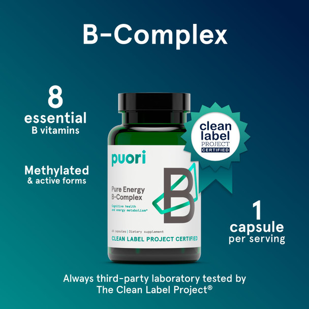 Puori Pure Energy Vitamin B-Complex with 8 Essential Vitamins - Active & Methylated B Vitamins (Thiamin Riboflavin Niacin B6, Folate & B12) - Biotin Inositol Pantothenic Acid & Choline