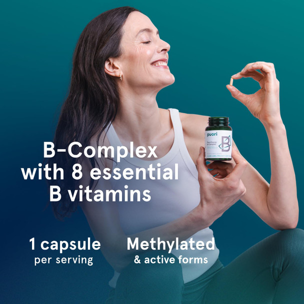 Puori Pure Energy Vitamin B-Complex with 8 Essential Vitamins - Active & Methylated B Vitamins (Thiamin Riboflavin Niacin B6, Folate & B12) - Biotin Inositol Pantothenic Acid & Choline