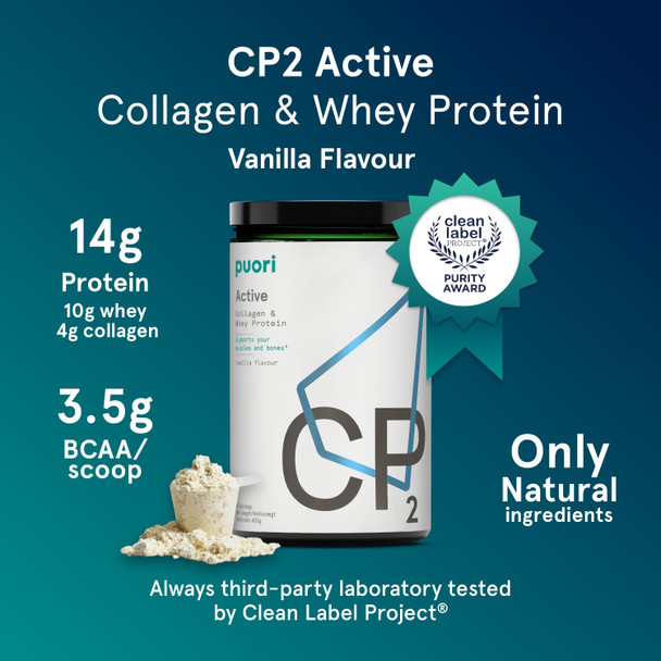 Puori Whey Protein Powder with Collagen CP2 Active Pasture Raised Grass-Fed & Non-GMO - 100% Natural and Pure for Muscle Growth - 14.8G Protein 0.88lbs