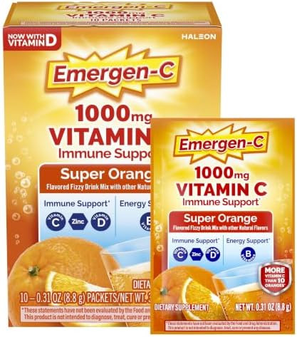 Emergen-C 1000mg Vitamin C Immune Support Powder Super Orange 10CT includes Zinc Manganese 7 B Vitamins and Electrolytes for Back to School Essentials