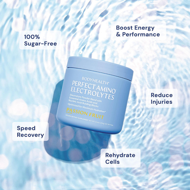BodyHealth PerfectAmino Electrolytes Powder No Sugar Hydration Fasting Keto Zero Sugar Electrolytes Drink Mix with Trace Minerals - Passion Fruit - 30 Servings