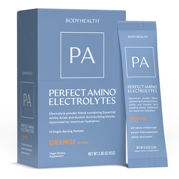 BodyHealth PerfectAmino Electrolyte Drink Mix – Orange – No Sugar Keto & Fasting Friendly Hydration with Trace Minerals – Stick Packs