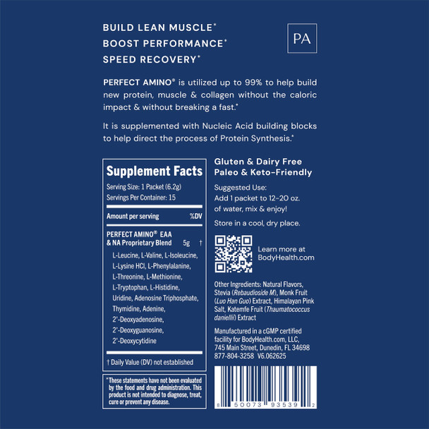 BodyHealth PerfectAmino Powder - BCAA and EAA Powder for Pre and Post Workout - Amino Acid Energy Drink for Men and Women to Support Lean Muscle and Recovery - Vanilla - Stick Packs - 15 Servings