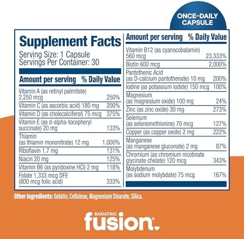 Bariatric Fusion Bariatric Multivitamin Without Iron | 1 Per Day | Post Surgery Patients | Iron Free Vitamin for Gastric Bypass and Sleeve Gastrectomy | Easy to Swallow Capsules | One Month Supply