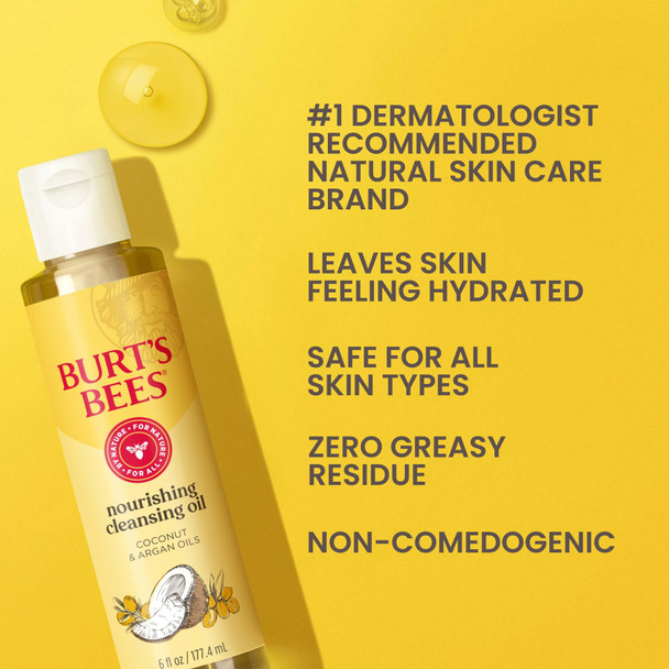 Burt's Bees Nourishing Cleansing Oil With Coconut and Argan Oils Cleansing Face Oil for Normal to Dry Skin College Back to School Dorm Essentials Natural Origin Skin Care 6 fl. oz. Bottle