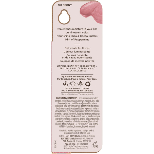Burt's Bees Shimmer Lip Tint Tinted Lip Balm Stick Moisturizing for All Day Hydration with Natural Glowy Pigmented Finish & Buildable Color Peony 1 Tube 0.09 oz.