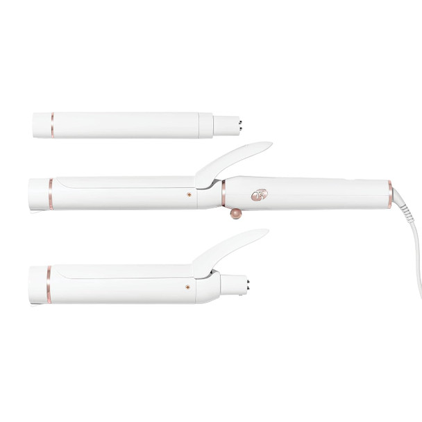 T3 Switch Kit Professional Ionic Interchangeable Curling Iron with 3 Ceramic Clip & Wand Long Barrels for Curling and Waving, 9 Adjustable Heat Settings and Ion Generator White and Rose Gold