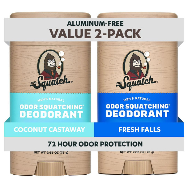 Dr. Squatch Natural Men’s Deodorant – Aluminum Free Natural Deodorant Men with Charcoal & Postbiotics for 72-Hour Odor Protection, 2.65oz Stick (2-Pack)