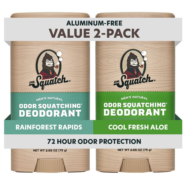 Dr. Squatch Natural Men’s Deodorant – Aluminum Free Natural Deodorant Men with Charcoal & Postbiotics for 72-Hour Odor Protection, 2.65oz Stick (2-Pack)