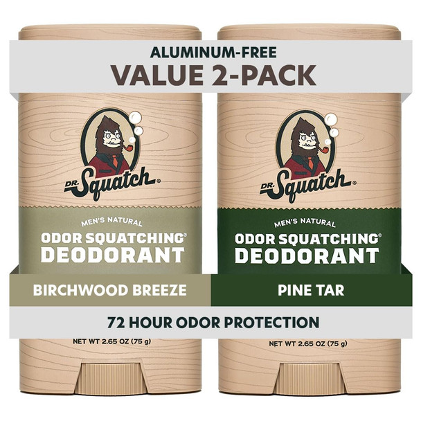 Dr. Squatch Natural Men’s Deodorant – Aluminum Free Natural Deodorant Men with Charcoal & Postbiotics for 72-Hour Odor Protection, 2.65oz Stick (2-Pack)