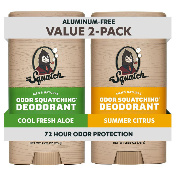 Dr. Squatch Natural Men’s Deodorant – Aluminum Free Natural Deodorant Men with Charcoal & Postbiotics for 72-Hour Odor Protection, 2.65oz Stick (2-Pack)
