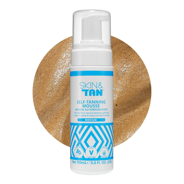 SKIN & TAN Gradual Tanning Mousse Medium Self Tanner for Natural Glow, Lightweight Easy Application, Streak-Free Even Finish Quick Build Pleasant Scent Moisturizing 5.2 oz