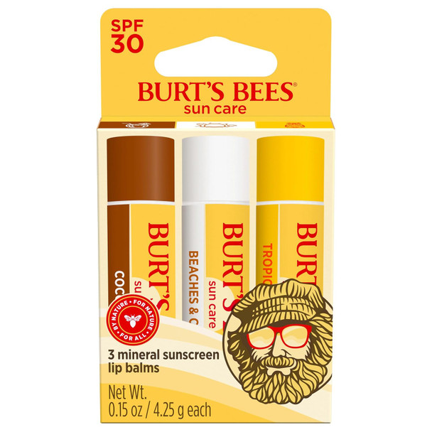 Burts Bees SPF 30 Lip Balm, Island Getaway, Coco Loco, Beaches & Cream, Tropic Like It's Hot, Water-Resistant Sun Care, Natural Origin Lip Treatment, 0.15 oz., Three Tubes