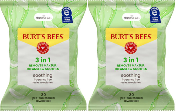 Burt’s Bees Soothing, Fragrance Free Facial Towelettes for Sensitive Skin, Aloe Vera, 100% Plant Based Cloths; 99% Natural Origin; Removes Makeup, Dirt and Oil; No Rinsing (Pack May Vary)