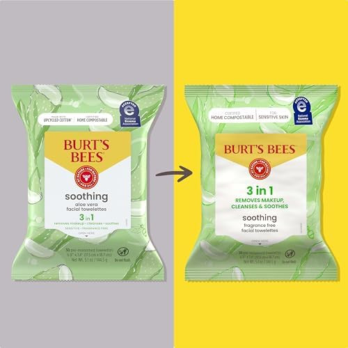 Burt’s Bees Soothing, Fragrance Free Facial Towelettes for Sensitive Skin, Aloe Vera, 100% Plant Based Cloths; 99% Natural Origin; Removes Makeup, Dirt and Oil; No Rinsing (Pack May Vary)