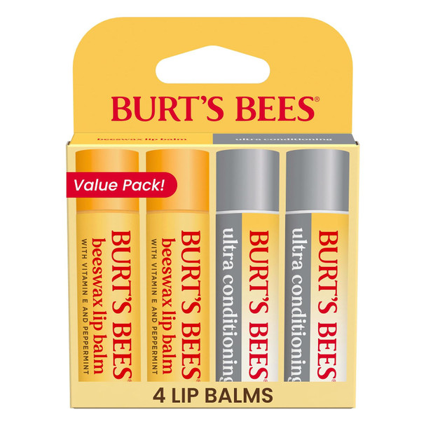 Burt's Bees Stocking Stuffers, Lip Balm Beeswax and Ultra Conditioning Lip Balm Pack, Hydrating Lip Moisturizer with Kokum and Shea Butter, Natural Origin Lip Care, 0.15 oz., Four Tubes
