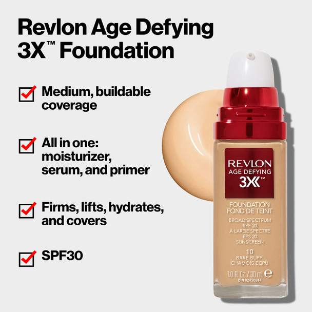 Revlon Age Defying 3X Makeup Foundation Firming Lifting and Anti Aging Medium Buildable Coverage with Natural Finish SPF 20