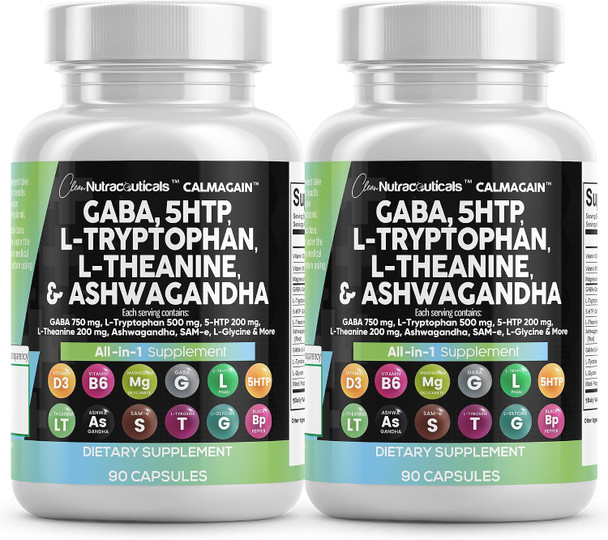 Clean Nutraceuticals GABA 750mg 5 HTP 200mg L Tryptophan 500mg L Theanine 200mg Ashwagandha SAM e L Glycine  Mood Support Vitamins for Women and Men with L Tyrosine
