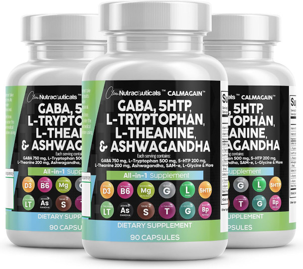 Clean Nutraceuticals GABA 750mg 5 HTP 200mg L Tryptophan 500mg L Theanine 200mg Ashwagandha SAM e L Glycine  Mood Support Vitamins for Women and Men with L Tyrosine