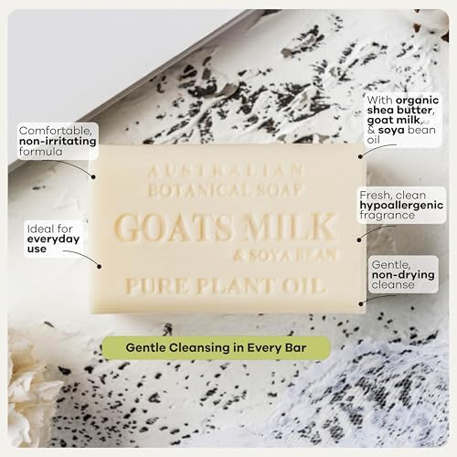 Australian Botanical Soap Goat Milk Soap Bar – Triple-Milled Body Cleanser with Shea Butter & Soya Bean Oil – Gentle Hydration for Sensitive Skin 6.8 oz – 1 Pack