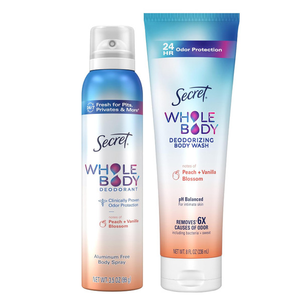 Secret Whole Body Feminine Wash + Deodorant Spray Bundle for Women Peach + Vanilla Blossom Scent Aluminum Free Odor Protection 8.0 oz and  3.5 oz (Pack of 2)