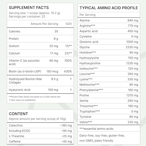 FKRO Matcha Collagen Peptides Powder with Biotin Hyaluronic Acid & Vitamin C | Type I & III Hydrolyzed Collagen f 22 Servings 7.9oz