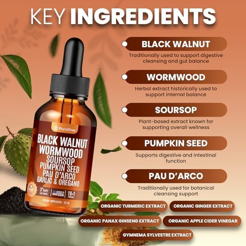 Wormwood Black Walnut Clove Cleanse Liquid Drops with SourSop, Pumpkin Seed, Pau D’Arco, Garlic & Oil of Oregano, Hull Extract Herb Tincture Drops For Humans 98% Absorption Gut Digestive Health (2oz)